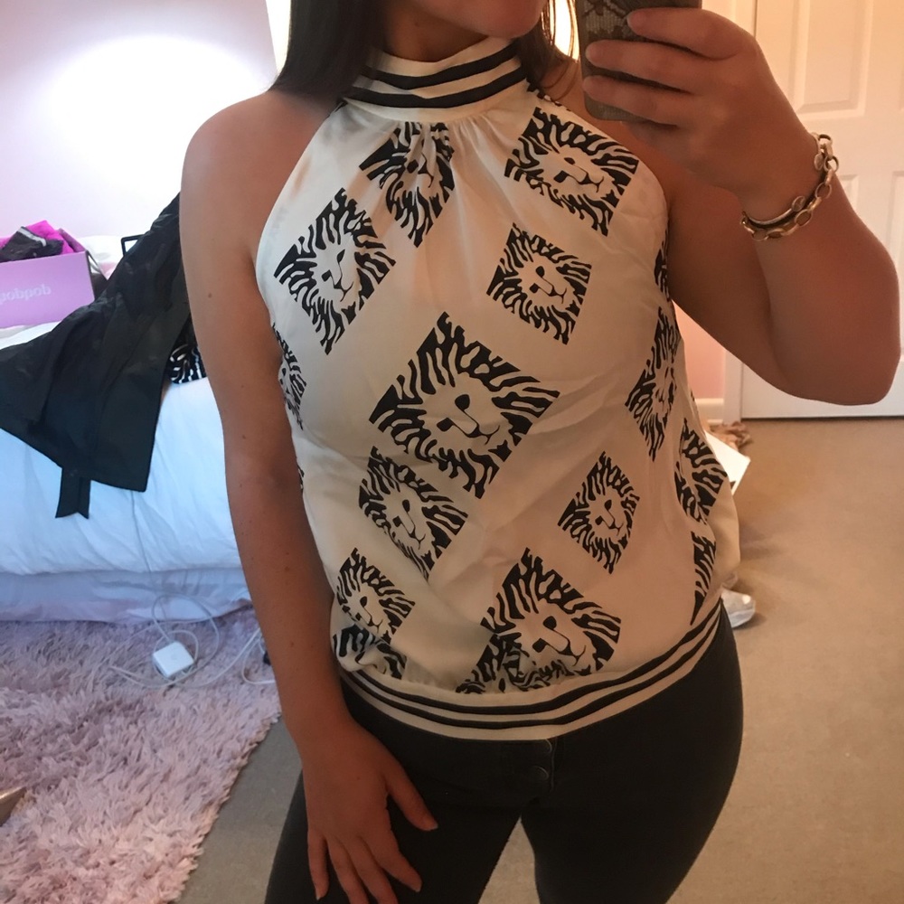 Anne Klein 100% Silk black&white lion print shirt